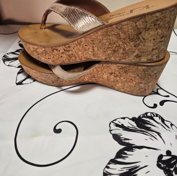 ♥️ K Jacques St. Tropez Diorite Gold Scale Thong Platforms Wedges - Picture 6 of 11